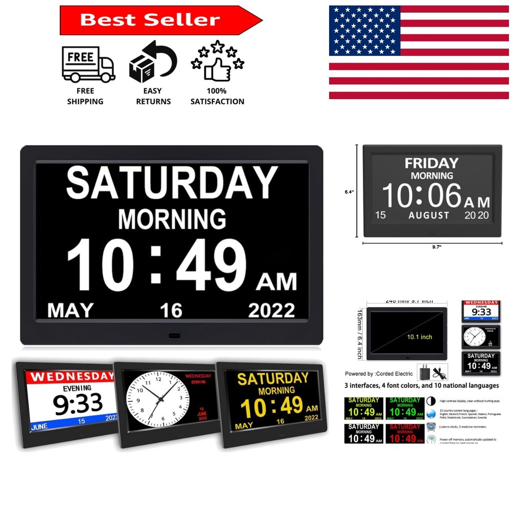 Automatic Daylight Saving 10.1″ Clock for Seniors – Multi Display & Night Mode