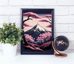 Japanese Mountain and Cherry Blossom Tree, Style 2, Poster Print, Wall Art Décor