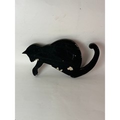Vintage Hand Painted Wooden Cat Shelf Sitter Black Brown Striped 11 Inch