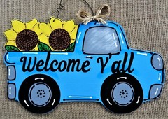 18″ WELCOME Y’ALL Blue TRUCK Sunflowers SIGN Wall Art Door Hanger Plaque Country
