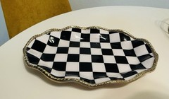🤍🖤 New Black & White Checked Enamel Golden Metal Trinket Tray