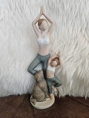Mother & Child Yoga Pose Figurine with Dog, Beige/Green/Brown Freestanding