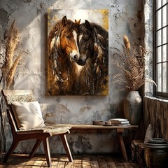 Wall Art Two Horses Canvas Print Rustic Western Animal Portrait Decor Gold Home
