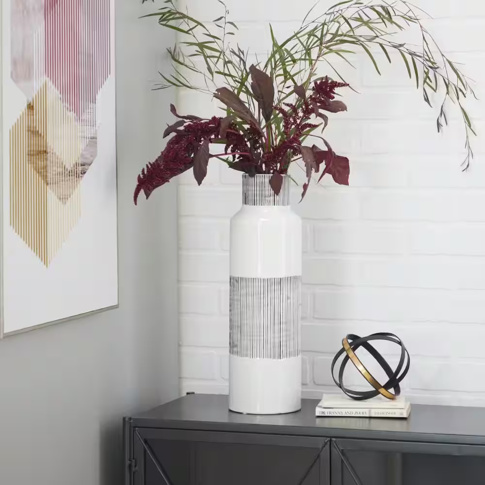 18 In. White Handmade Ceramic Decorative Vase with Grey Striped Accents