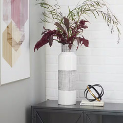 18 In. White Handmade Ceramic Decorative Vase with Grey Striped Accents