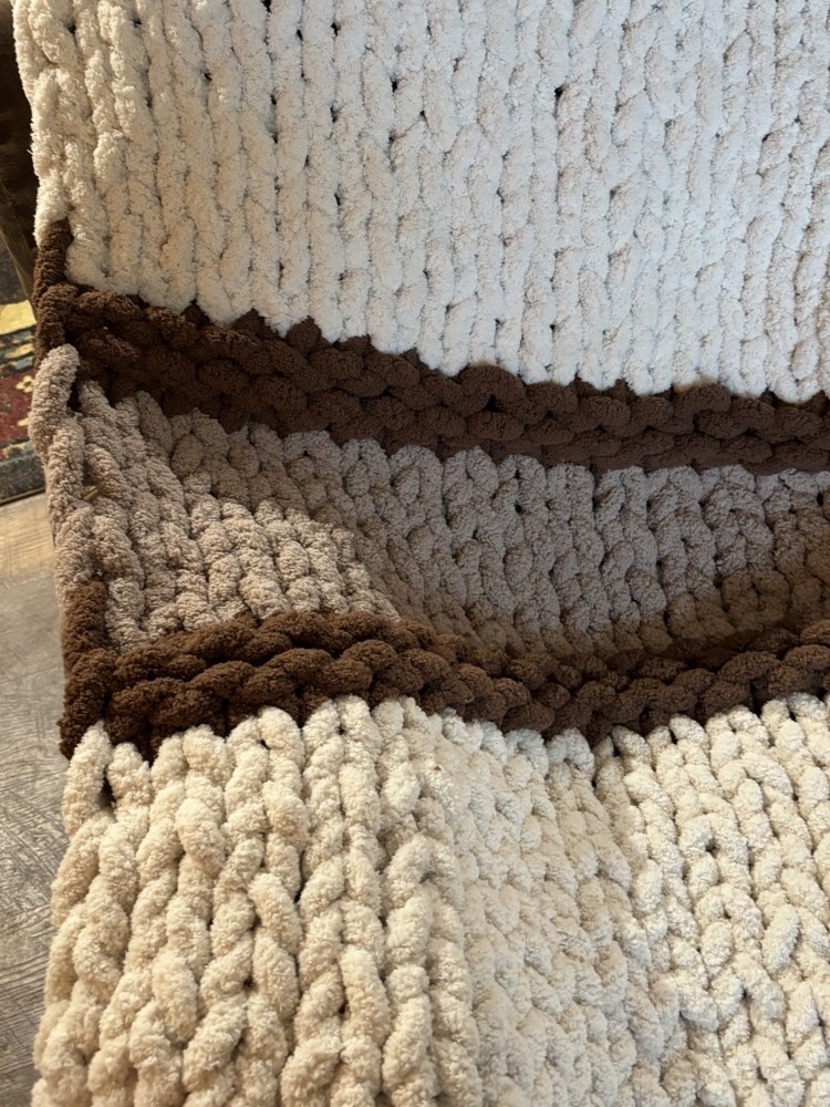 Chunky Knit Textured Striped Sofa Throw Blanket, Beige & Brown Rectangle