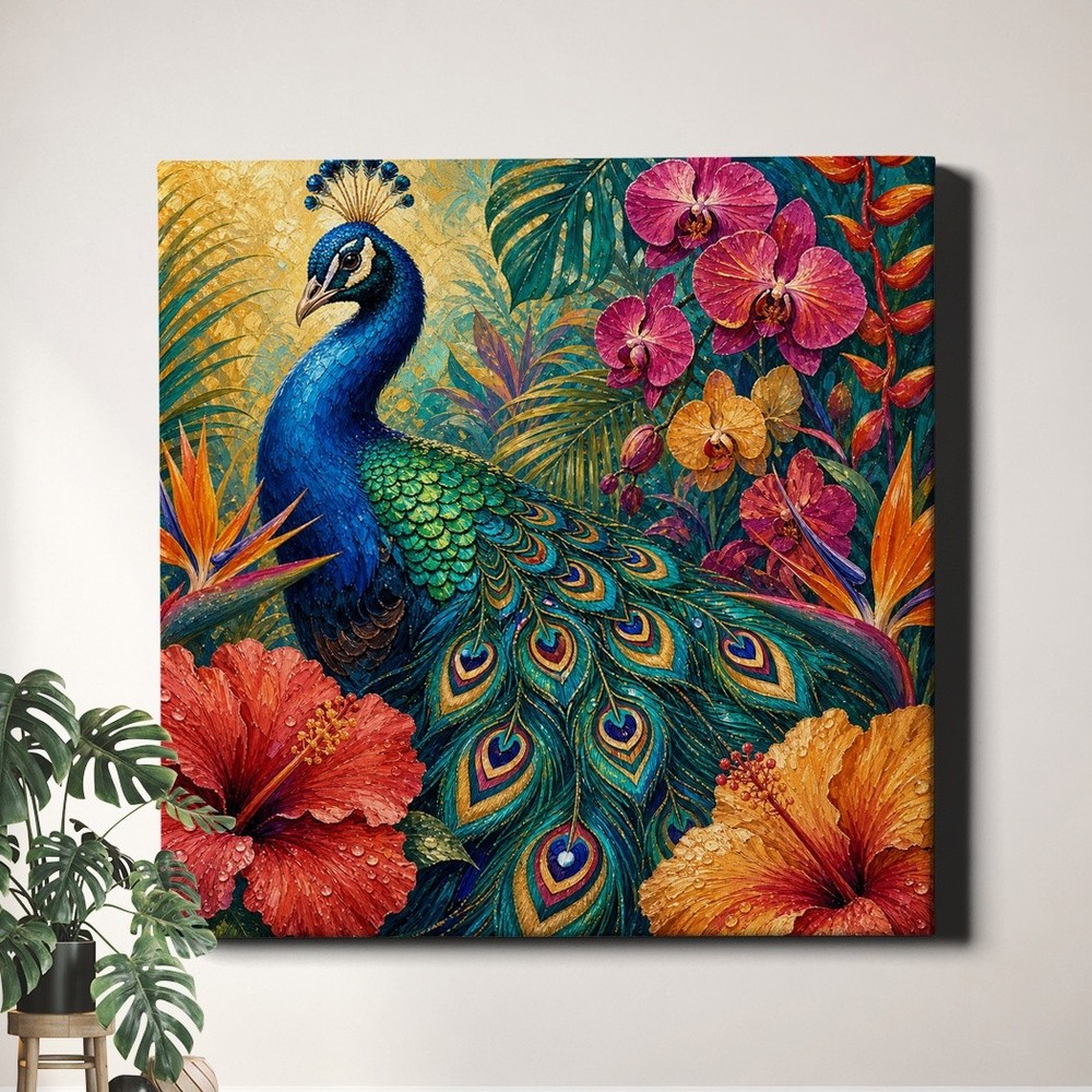 Peacock Canvas Print Colorful Floral Tropical Bird Flower Decor