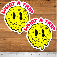 Trippy Melting Smiley “What a Trip” 5″ 2 Pack Vinyl Sticker, Psychedelic Decal