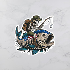 American Flag fishing sticker vinyl decal bass skeleton gothic tackle box