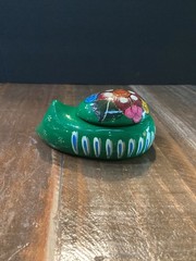 Mexican Folk Art Hand Painted green floral Glazed Ceramic Clay Cat trinket box