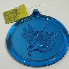 Kitras Pressed Art Glass Aqua Blue Dragonfly Suncatcher Ornament 3.5″ Canada TAG