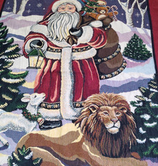 Vintage Goodwin Weavers Tapestry Fringe Throw 45 x 64 in Santa Lamb Lion USA
