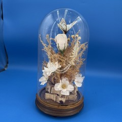 Vintage Butterfly & Flowers Under Glass Dome Wood Base