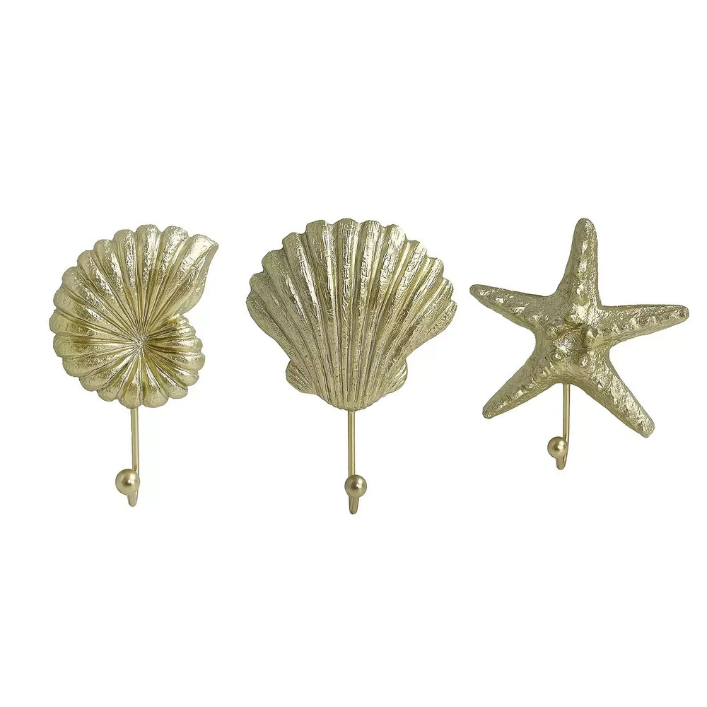 Gold Seashell Starfish Shells Decorative Wall Hooks 3Piece Set Beach Ocean Decor