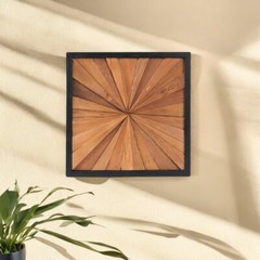 Rustic Teak Wood Wall Art – 17″x17″ Geometric Starburst Panel, Handcrafted Decor