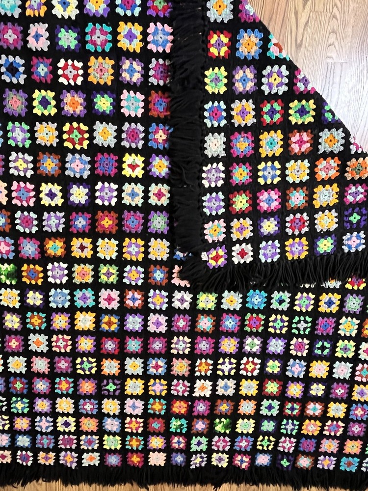 Vtg Handmade Granny Square Afghan Throw Blanket 70 X 70″ Colorful Black Fringe