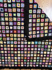 Vtg Handmade Granny Square Afghan Throw Blanket 70 X 70″ Colorful Black Fringe