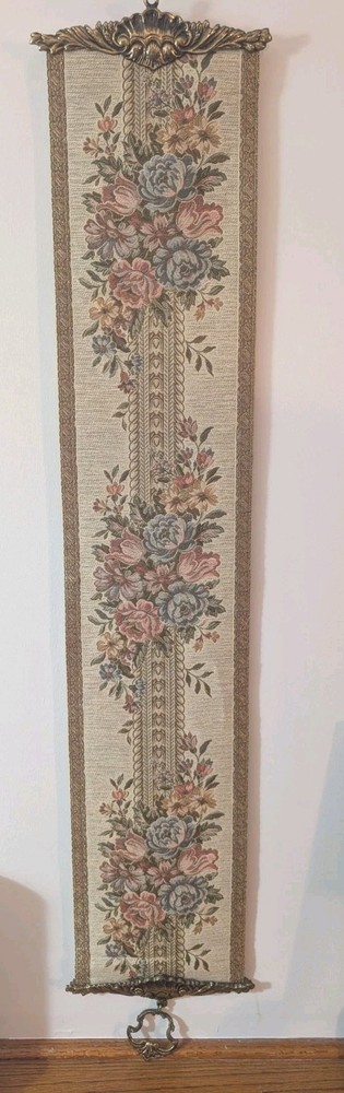 Swiss Handmade Floral Tapestry Bell Pull Wall Hanging Brass Hardware 44″X8″