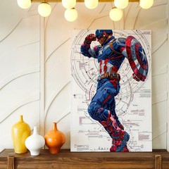 Wall Art Patriotic Superhero Blueprint Poster Red Blue Shield Comic Home Decor