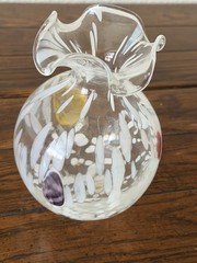 Blown Glass Vase 6” Transparent With White Purple Yellow Red Spots Ruffle Edges