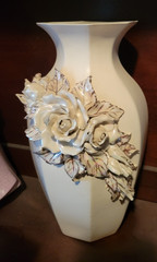 White Ceramic Art Vase Floral Relief Glossy Bottle Shape Freestanding Decor