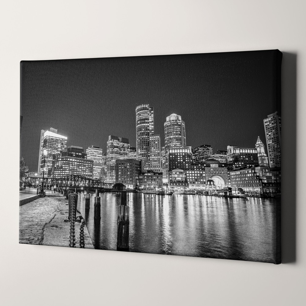 Boston Skyline Massachusetts Black and White City USA Canvas Wall Art Print