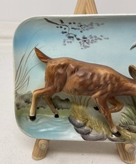 Vintage 3D Porcelain Deer Woodland Scene Small Wall Plaque 5.75″ x 4.75 Enesco
