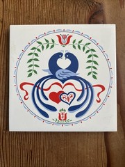 6” Marriage Hex Sign Pennsylvania Dutch Art DOUBLE Birds Flowers Tile Trivet