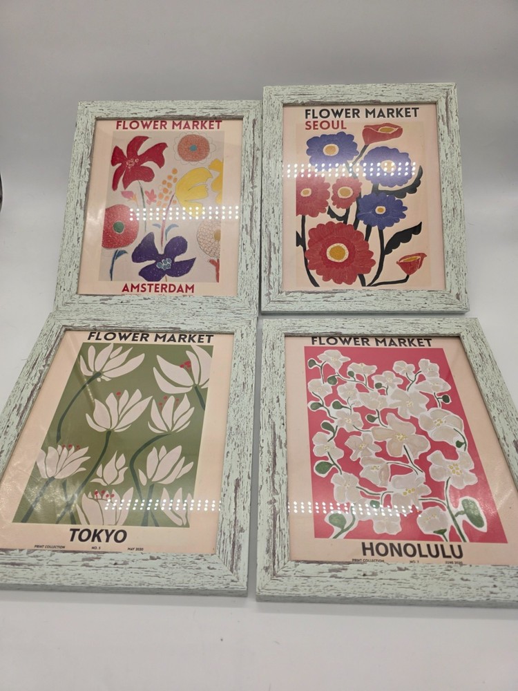 Set of 4 Framed Flower Market Art Prints Amsterdam Tokyo Seoul Honolulu
