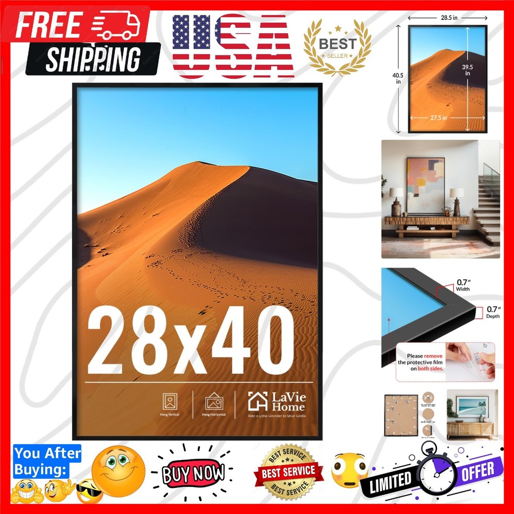 28×40 Picture Frame for Wall Display, 28×40 Black Picture Frame with HD Plexi…