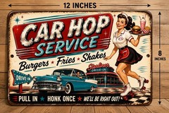 1950s Car Hop Service Metal Tin Sign Drive-In Diner Burgers Fries Shakes 8×12