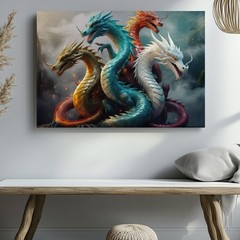 Dynamic Composition Featuring Five Majestic Dragons Intertwined Against Wall Art