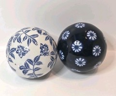 Asian Inspired Decorative Ceramic Spheres/Balls Blue & White Florals Set of 4 3″
