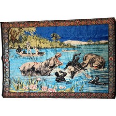 Vintage Velvet Wall Tapestry African Safari Hippo River Scene Large 48×73