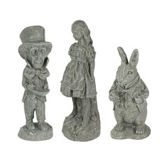 3 Piece Alice in Wonderland, Rabbit & Mad Hatter Light Gray Cement Statue Set