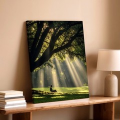 Wall Art Sun Rays Through Tree Forest Landscape Meditating Woman Nature Print