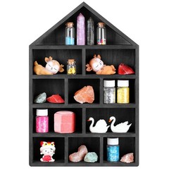 Black House Shaped Wood Display Shelf Cabinet for Miniature Figures