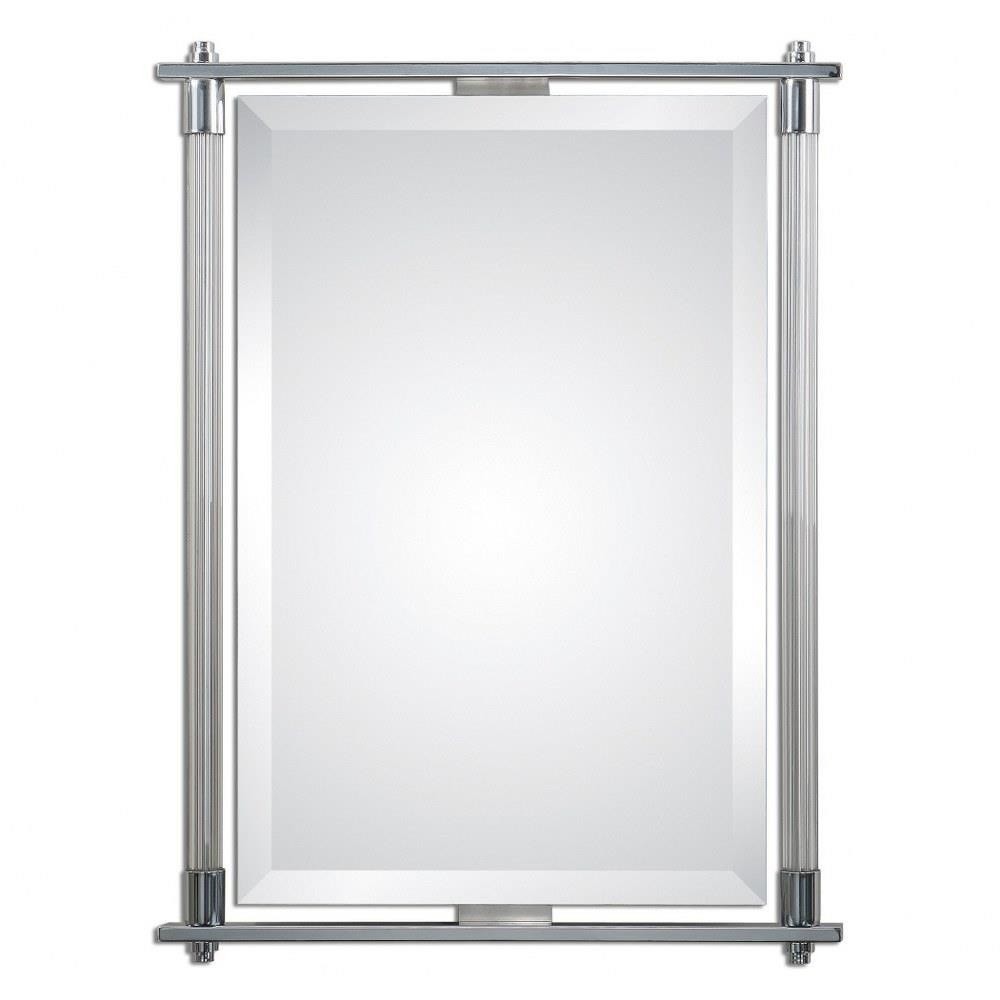 Modern Rectangular Beveled Mirror in Polished Chrome with Ribbed Glass Columns