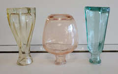 3 DECORATIVE GLASS BOTTLES YELLOW ASYMMETRICAL ORANGE ROUND GREEN SQUARE