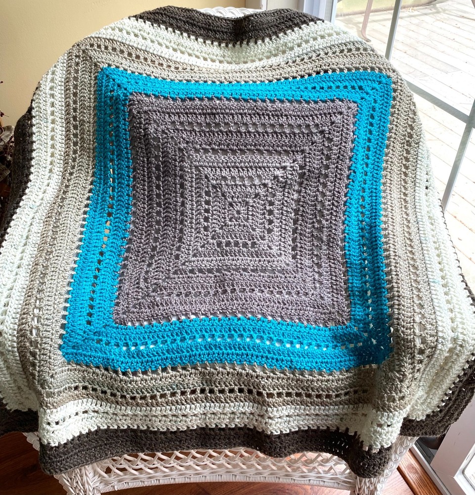 Handmade Crochet Granny Square Blanket Afghan Lapghan Throw Brown Blue 40″ x 40″