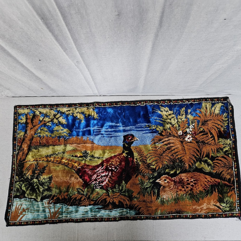 VTG Velvet Tapestry Rug Wall Hanging Pheasant Forest Cabin Hunting Lodge Lebanon