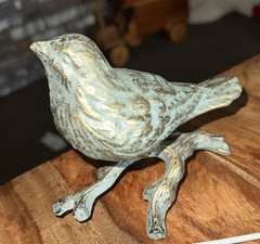 Bird on Branch Figurine Verdigris Antique Turquoise Cast Iron Paperweight Decor