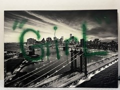 New York City Skyline Bridge Black & White Print with Green Graffiti Horizontal