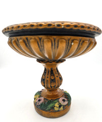 Floral Pedestal Compote Bowl Tazza Black Gold 9in Centerpiece Italy VTG