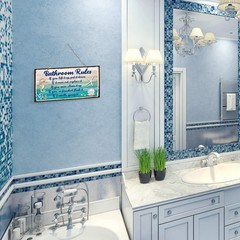 Seashell Bathroom Rules Decor Signs Wall Ocean 12 x 6 Inches, Blue and White