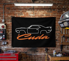 Cuda Wall Banner Barracuda Silhouette Orange Script Garage Decor 34×56