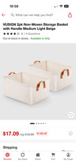 VUSIGN 2pk Fabric Storage Basket Medium Beige Foldable Storage Bins With Handles