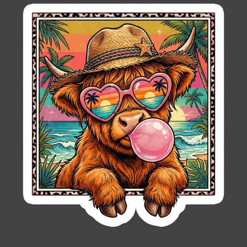 Highland Cow Sticker Vinyl Decal Heart Sunglasses Bubble Gum Beach Sunset
