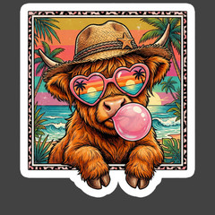 Highland Cow Sticker Vinyl Decal Heart Sunglasses Bubble Gum Beach Sunset