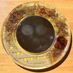 Round Resin Floral Mirror Design Gifts Dried Flowers Lucite Yellow Wall 1960s